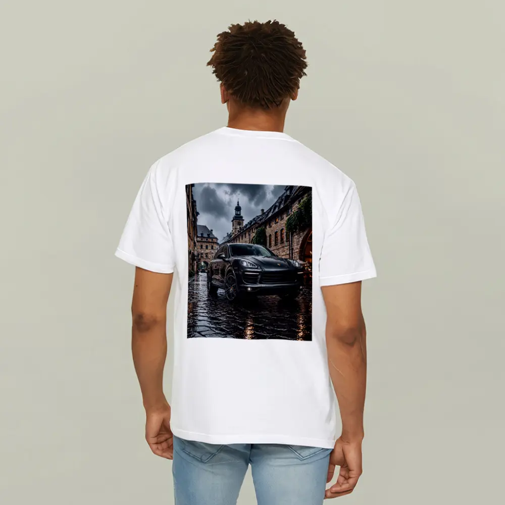 Porsche Cayenne Black Rainy European Cobblestone Street – T-Shirts