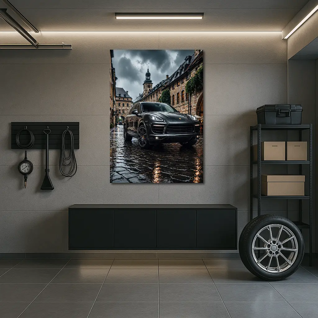 Porsche Cayenne Black Rainy European Cobblestone Street – Wall Art