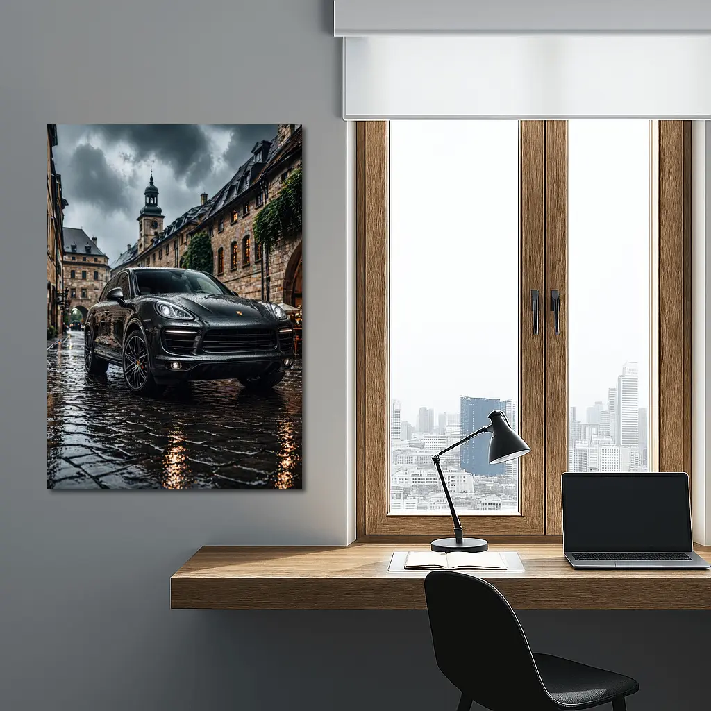 Porsche Cayenne Black Rainy European Cobblestone Street – Wall Art