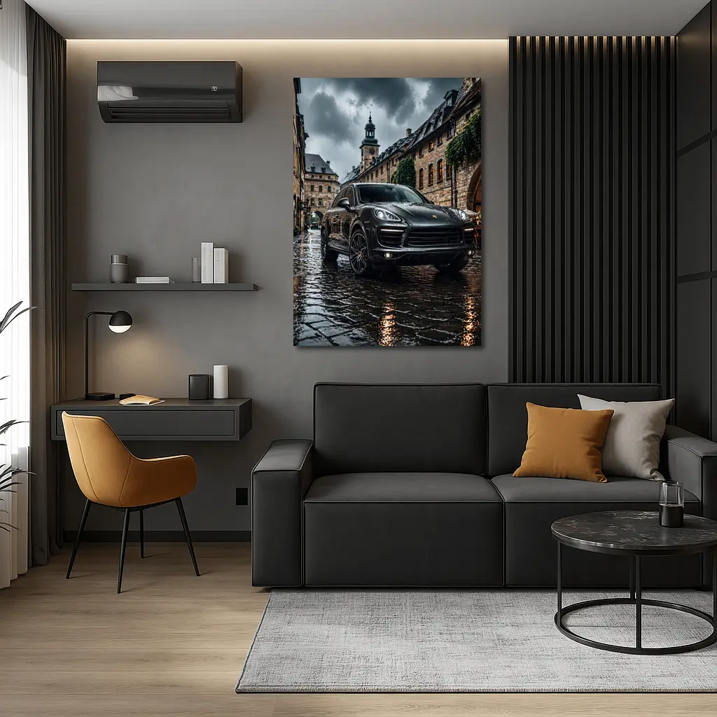 Porsche Cayenne Black Rainy European Cobblestone Street – Wall Art