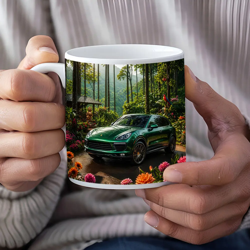Porsche Cayenne Parked In Lush Forest – Mugs
