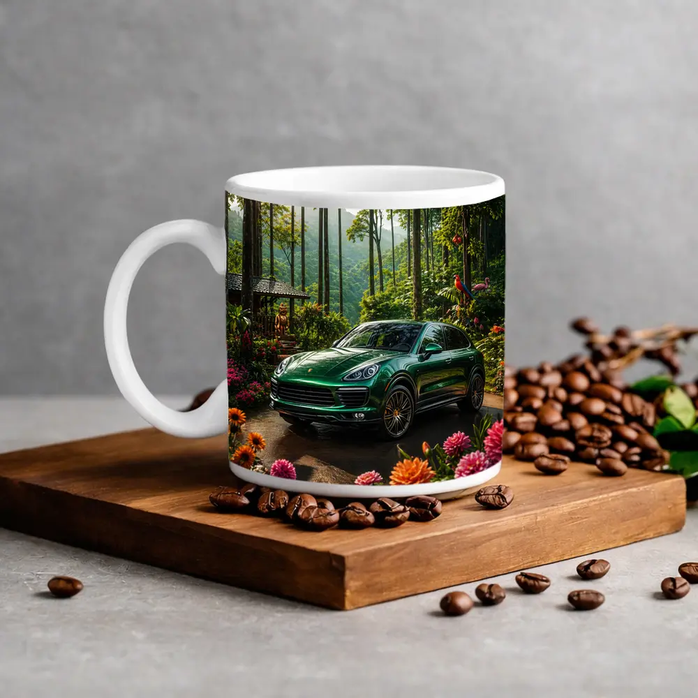 Porsche Cayenne Parked In Lush Forest – Mugs