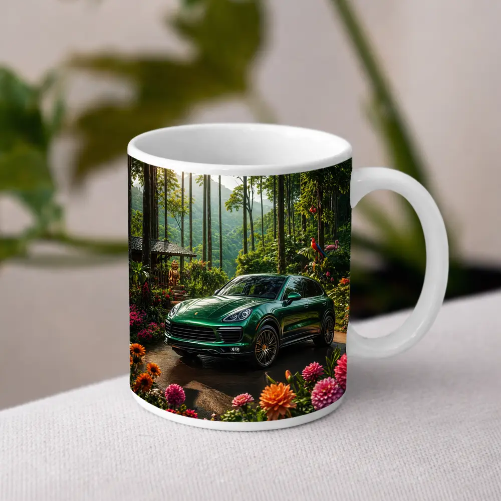 Porsche Cayenne Parked In Lush Forest – Mugs