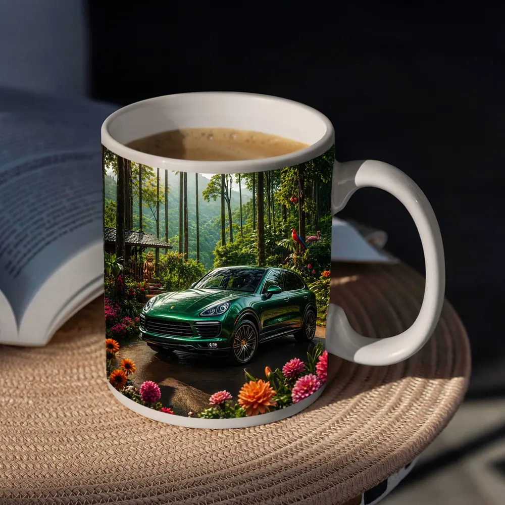 Porsche Cayenne Parked In Lush Forest – Mugs