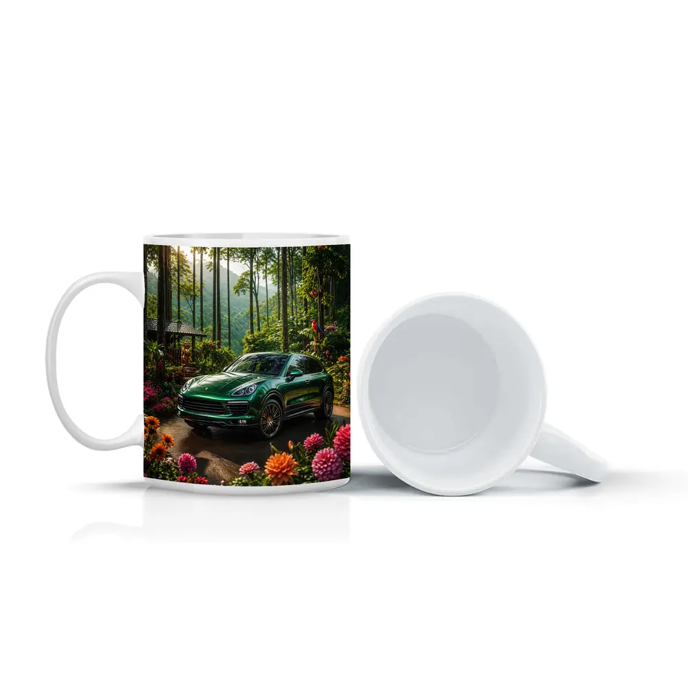 Porsche Cayenne Parked In Lush Forest – Mugs