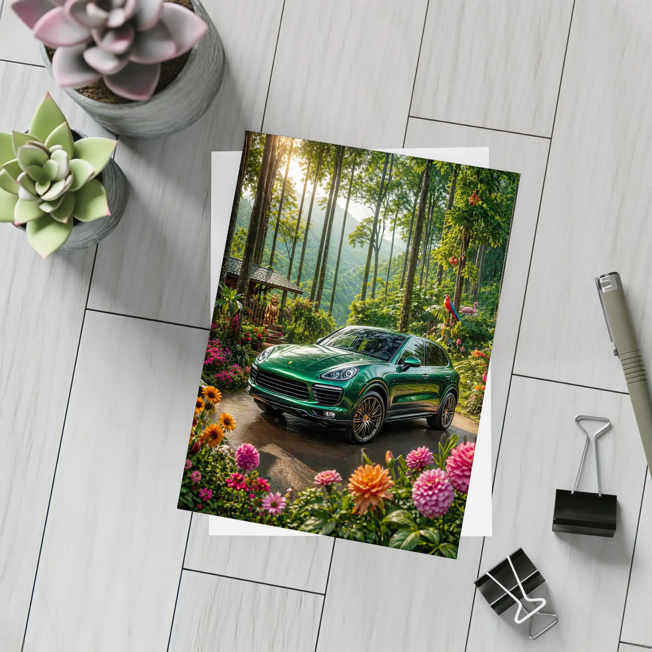 Porsche Cayenne Parked In Lush Forest – Postcards