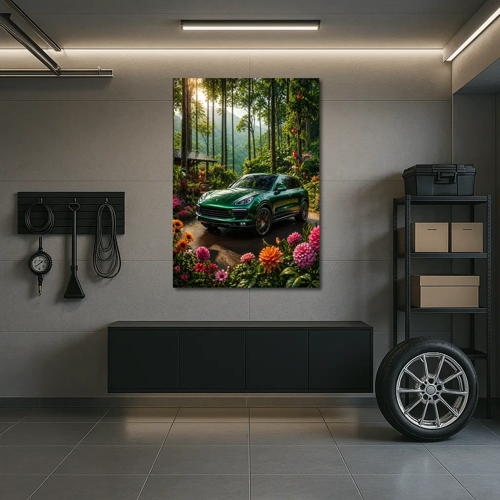Porsche Cayenne Parked In Lush Forest – Wall Art