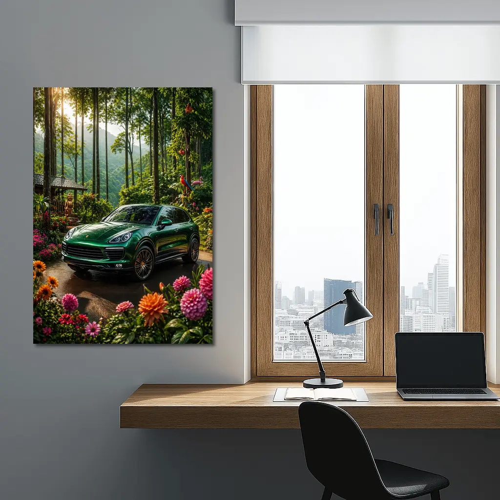 Porsche Cayenne Parked In Lush Forest – Wall Art