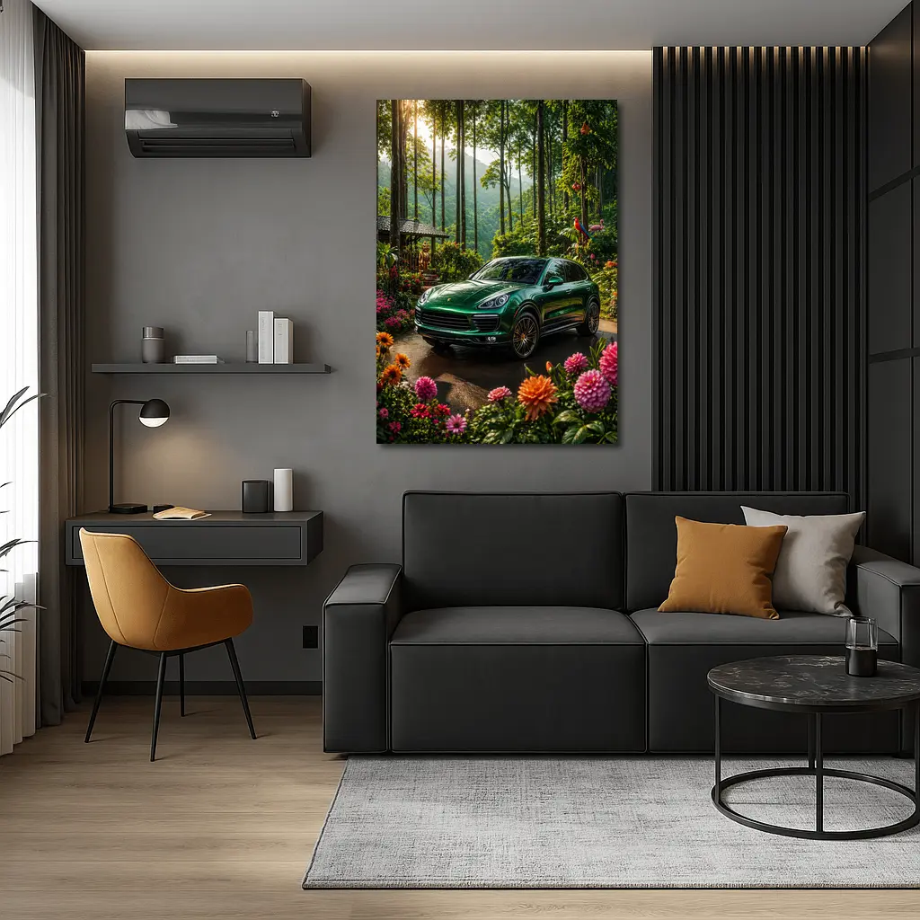 Porsche Cayenne Parked In Lush Forest – Wall Art