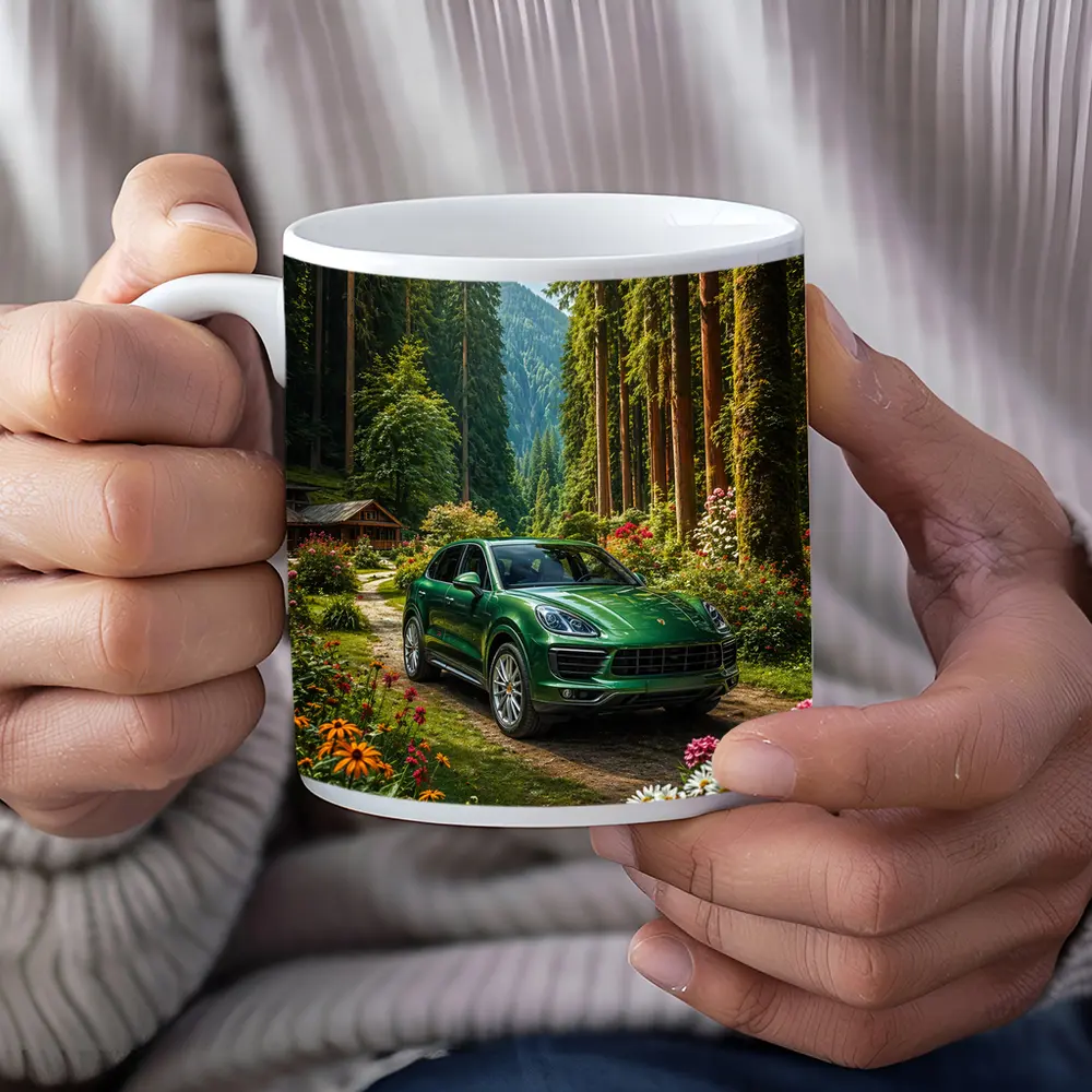 Porsche Cayenne Green SUV Forest Setting – Mugs