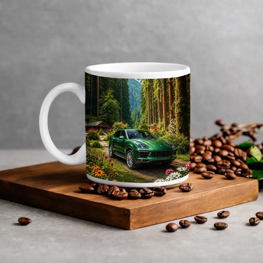 Porsche Cayenne Green SUV Forest Setting – Mugs