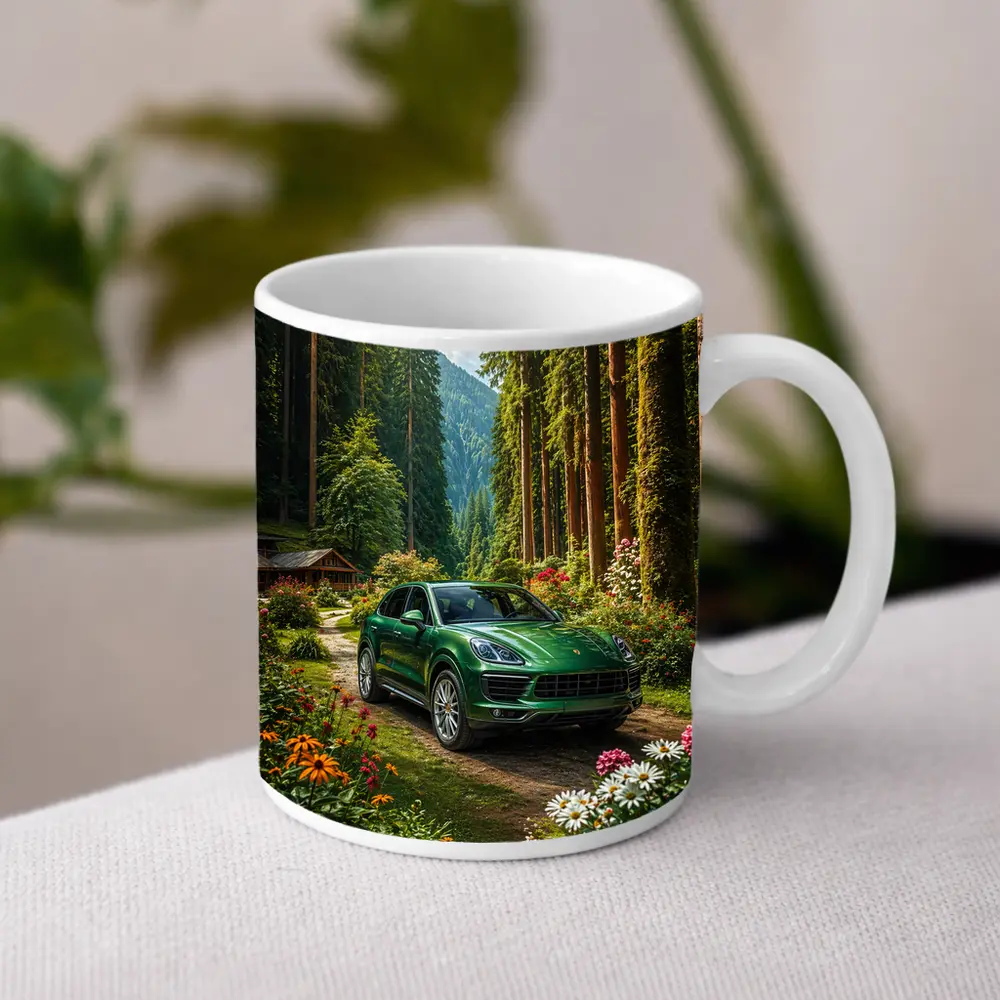 Porsche Cayenne Green SUV Forest Setting – Mugs