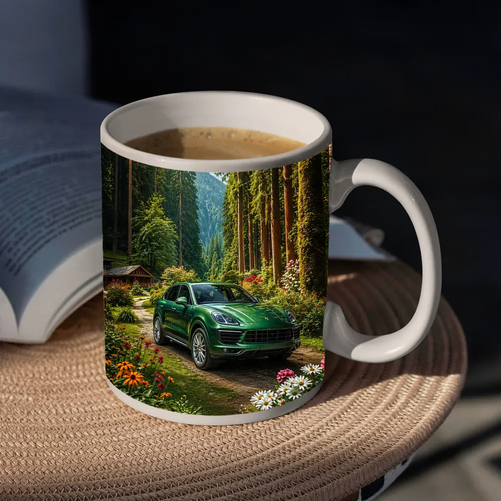 Porsche Cayenne Green SUV Forest Setting – Mugs