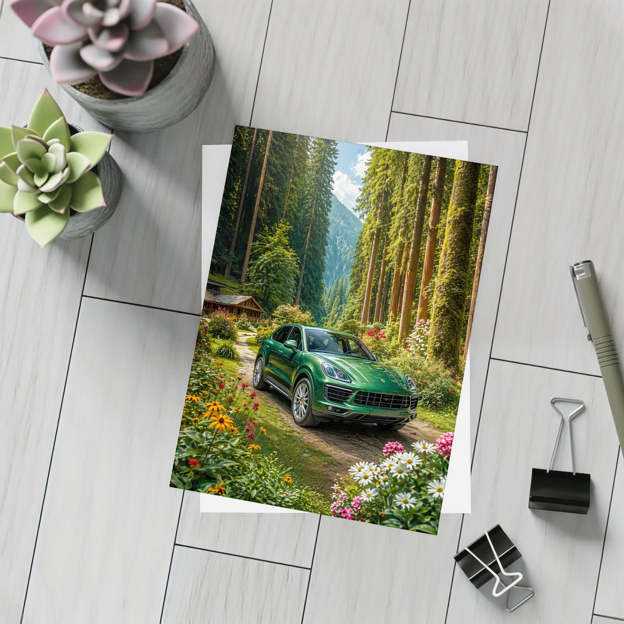 Porsche Cayenne Green SUV Forest Setting – Postcards