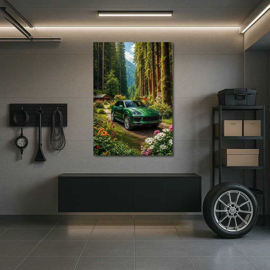 Porsche Cayenne Green SUV Forest Setting – Wall Art