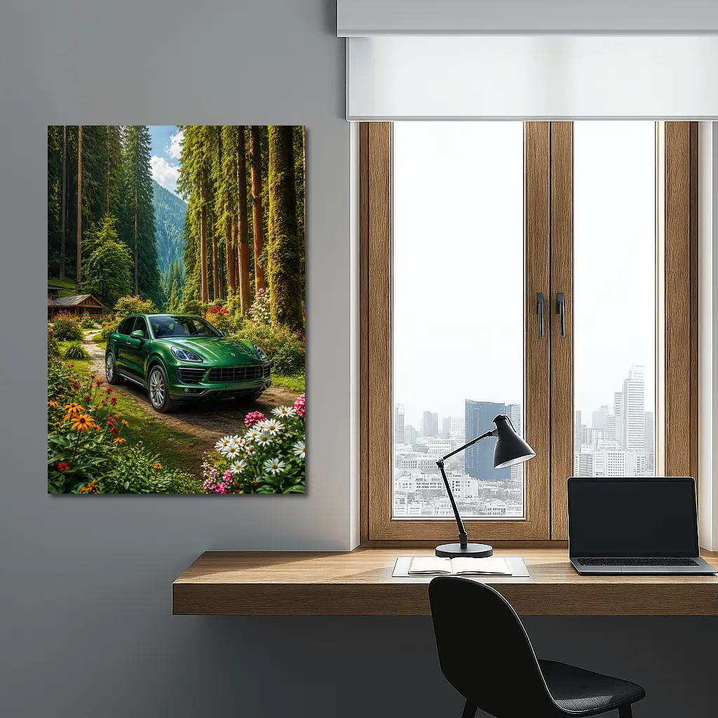 Porsche Cayenne Green SUV Forest Setting – Wall Art