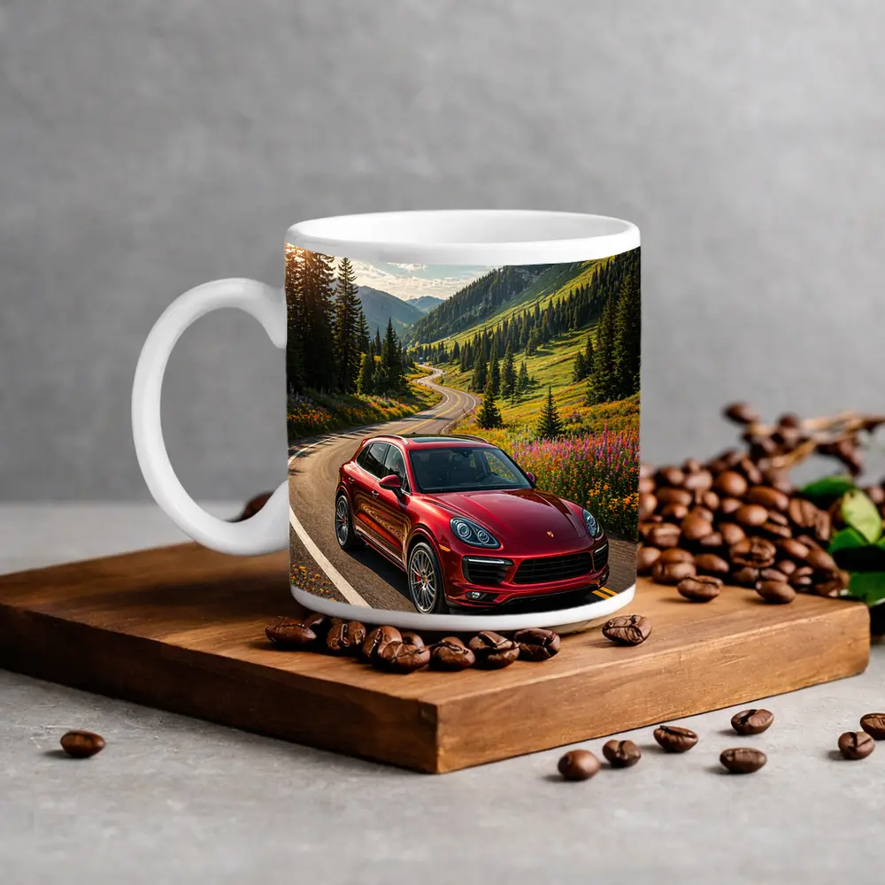 Red Porsche Cayenne Mountain Road Drive – Mugs