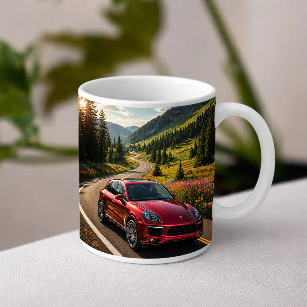 Red Porsche Cayenne Mountain Road Drive – Mugs