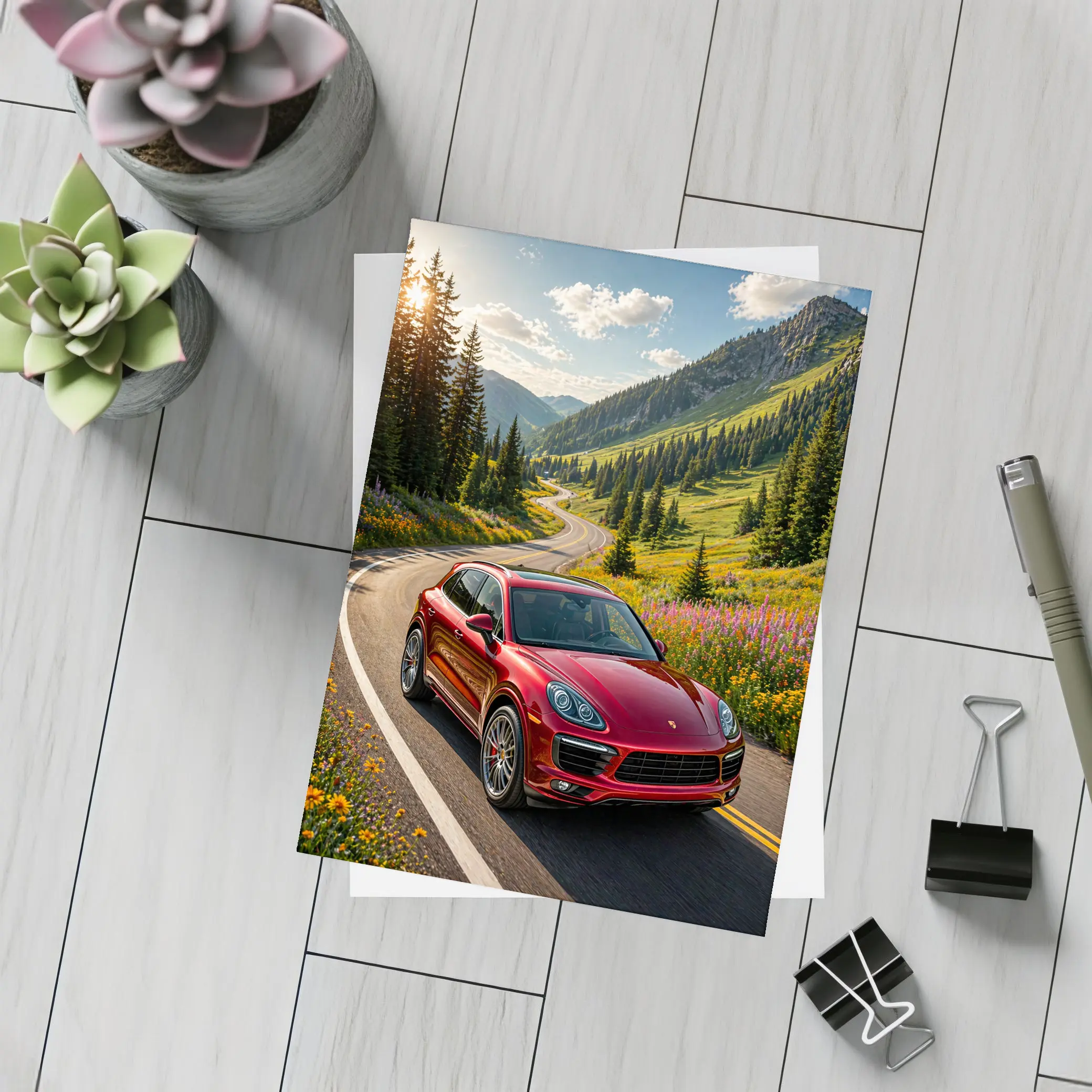 Red Porsche Cayenne Mountain Road Drive – Postcards