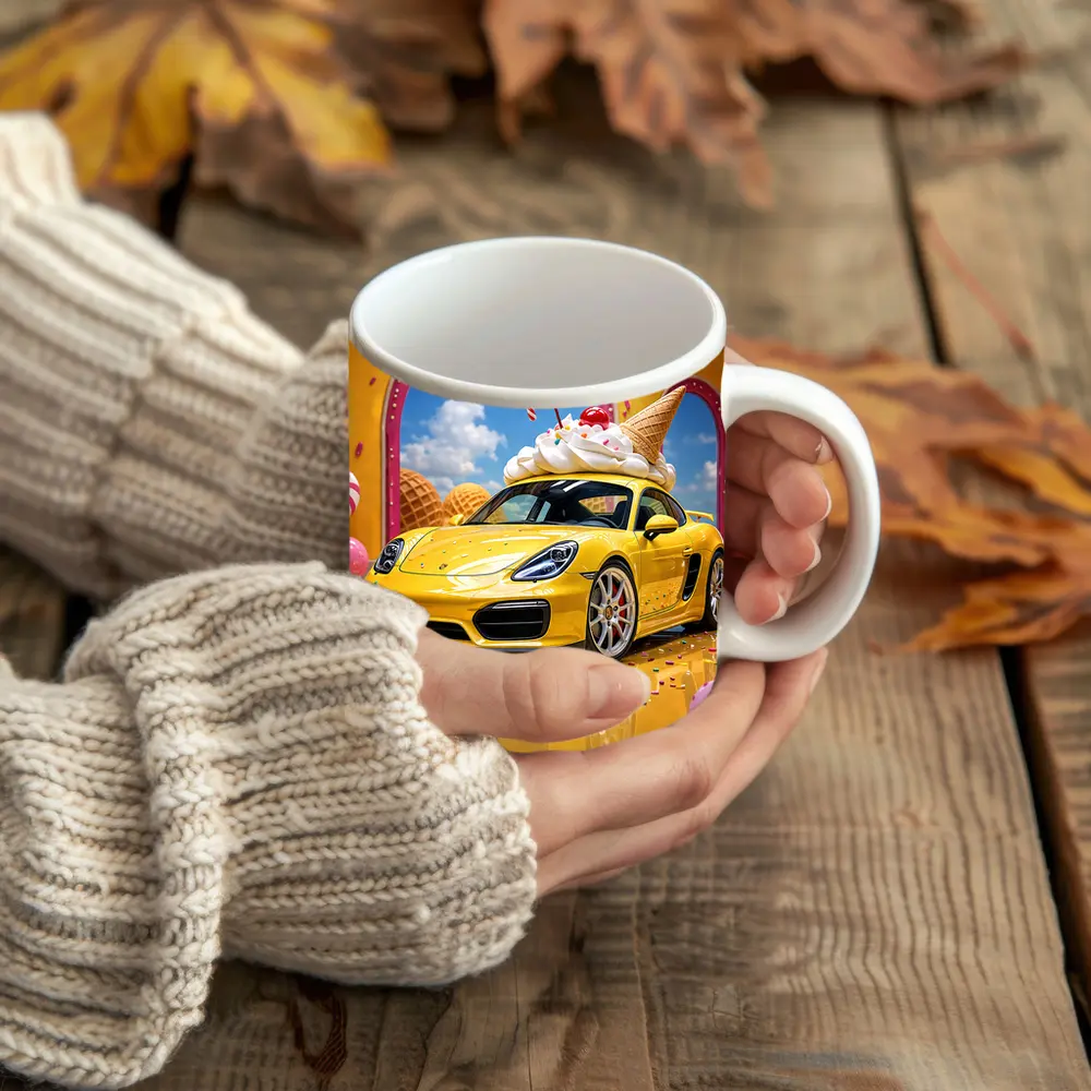 Porsche Cayman Yellow Ice Cream Fantasy Scene – Mugs