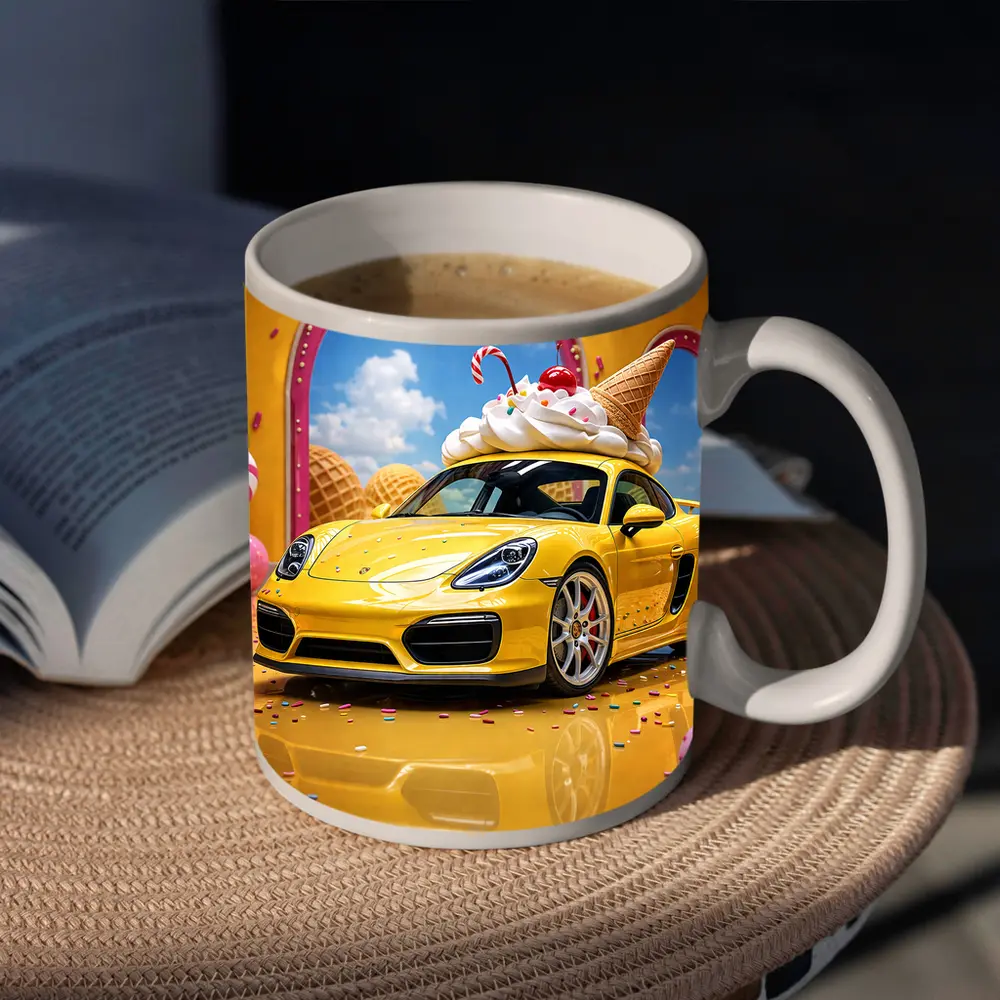 Porsche Cayman Yellow Ice Cream Fantasy Scene – Mugs