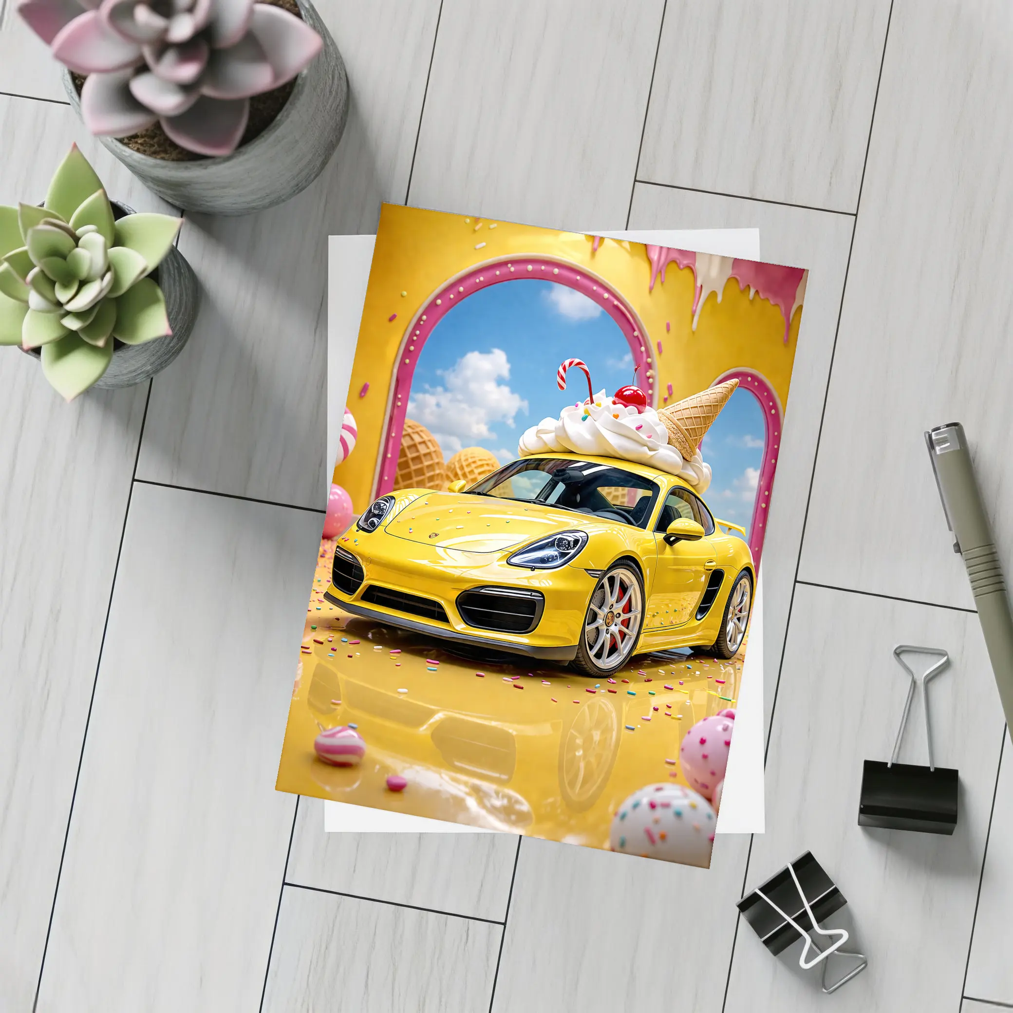 Porsche Cayman Yellow Ice Cream Fantasy Scene – Postcards