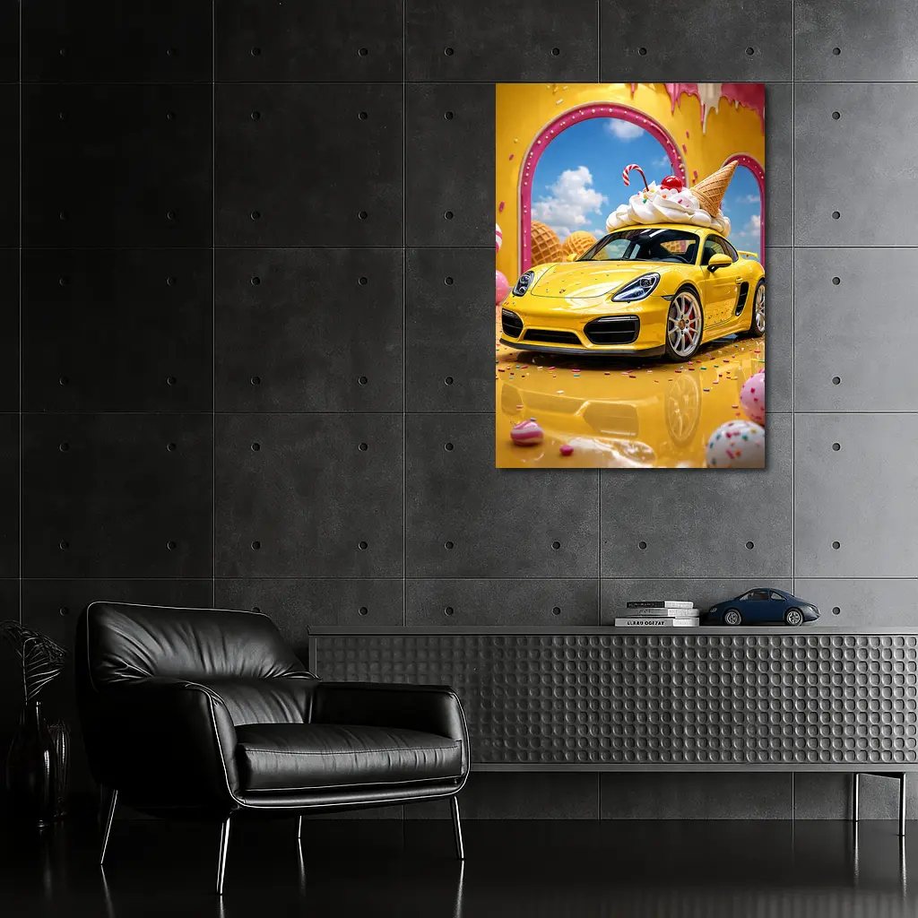 Porsche Cayman Yellow Ice Cream Fantasy Scene – Wall Art