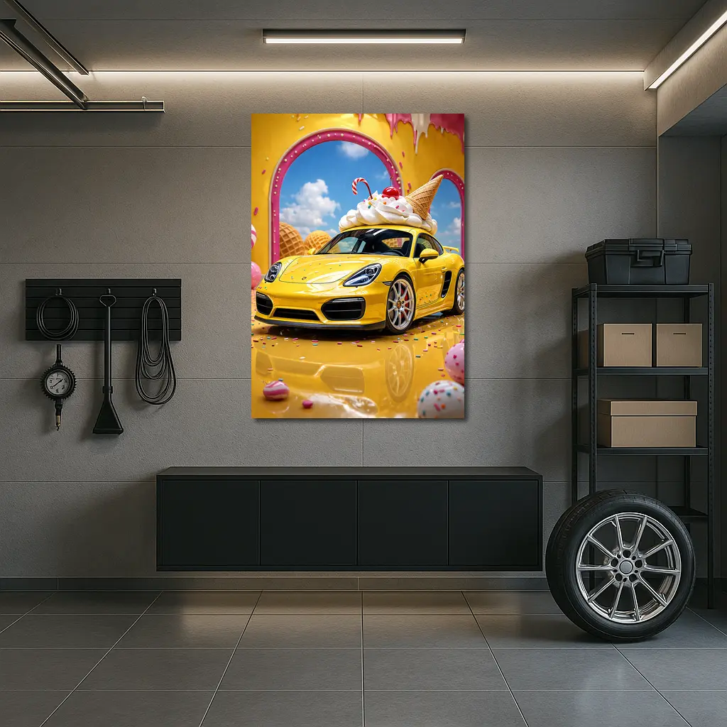 Porsche Cayman Yellow Ice Cream Fantasy Scene – Wall Art