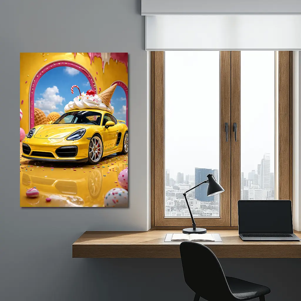 Porsche Cayman Yellow Ice Cream Fantasy Scene – Wall Art