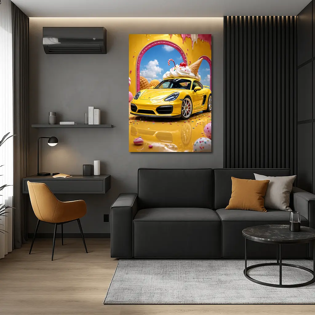 Porsche Cayman Yellow Ice Cream Fantasy Scene – Wall Art