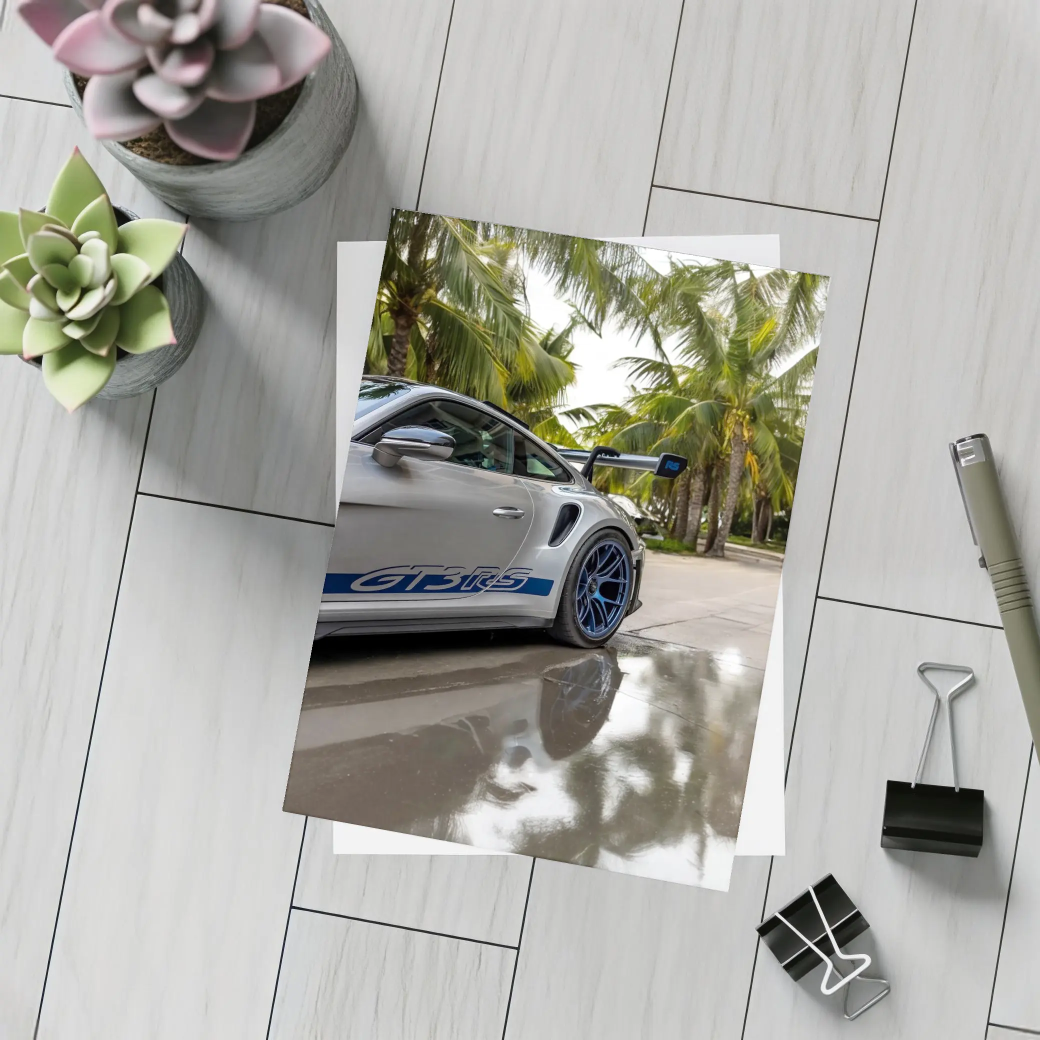 Porsche GT3 RS Gray Under Palm Trees – Postcards