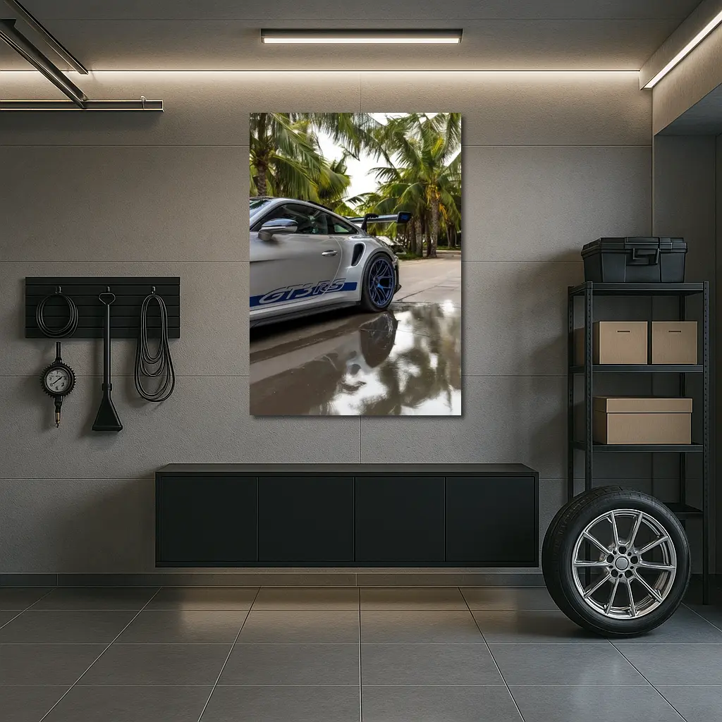Porsche GT3 RS Gray Under Palm Trees – Wall Art