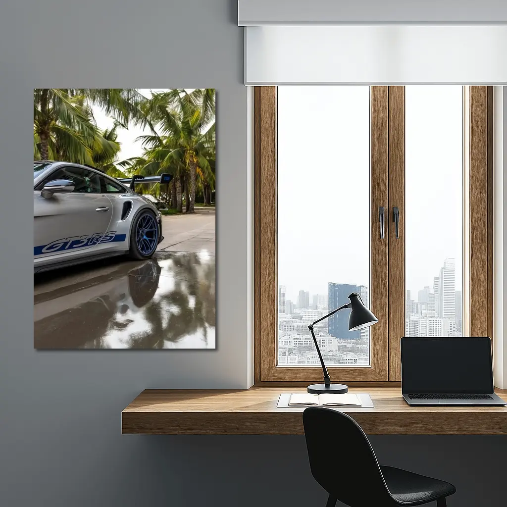 Porsche GT3 RS Gray Under Palm Trees – Wall Art