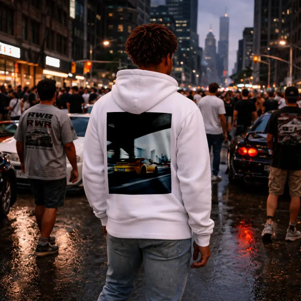 Yellow Porsche GT3 Racing Through City – Hoodies