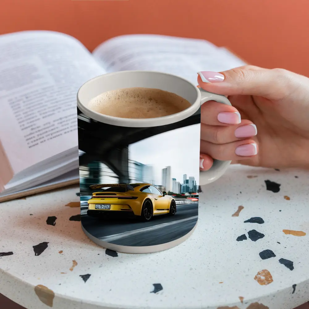 Yellow Porsche GT3 Racing Through City – Mugs