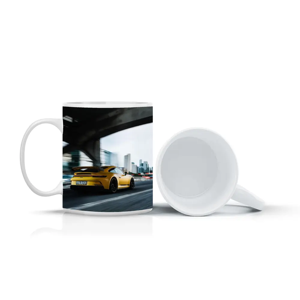 Yellow Porsche GT3 Racing Through City – Mugs