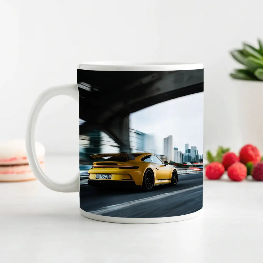 Yellow Porsche GT3 Racing Through City – Mugs