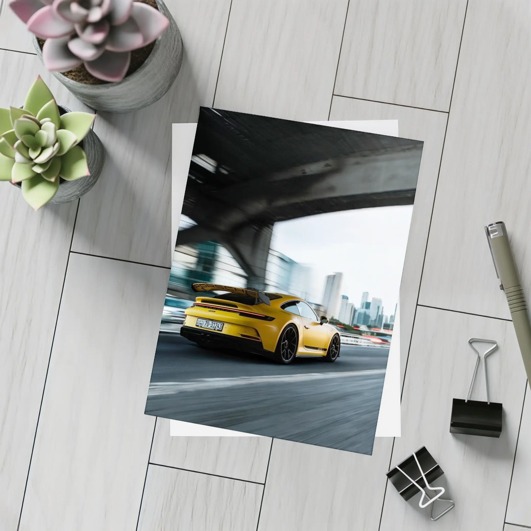 Yellow Porsche GT3 Racing Through City – Postcards