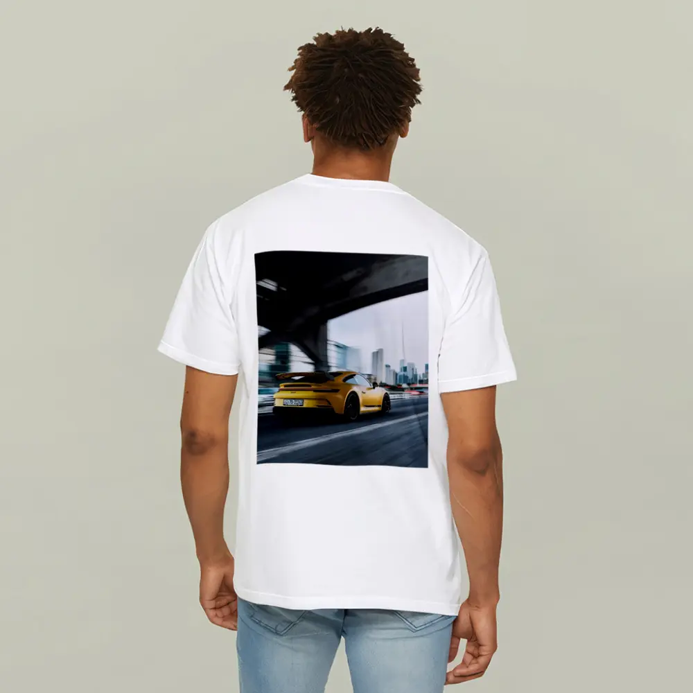 Yellow Porsche GT3 Racing Through City – T-Shirts