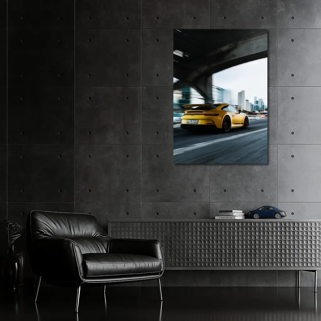Yellow Porsche GT3 Racing Through City – Wall Art