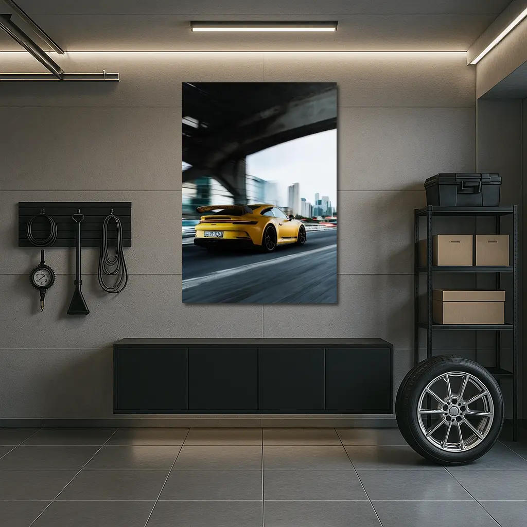 Yellow Porsche GT3 Racing Through City – Wall Art