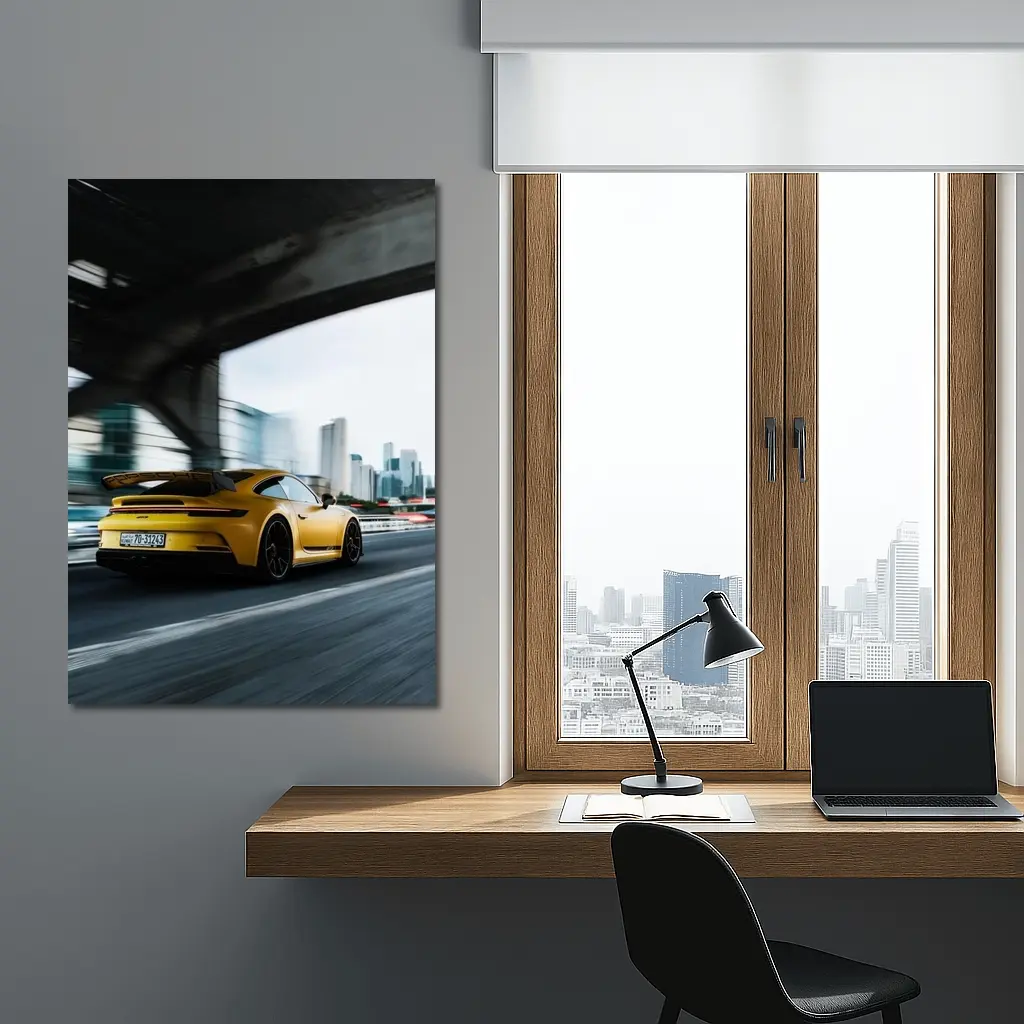 Yellow Porsche GT3 Racing Through City – Wall Art
