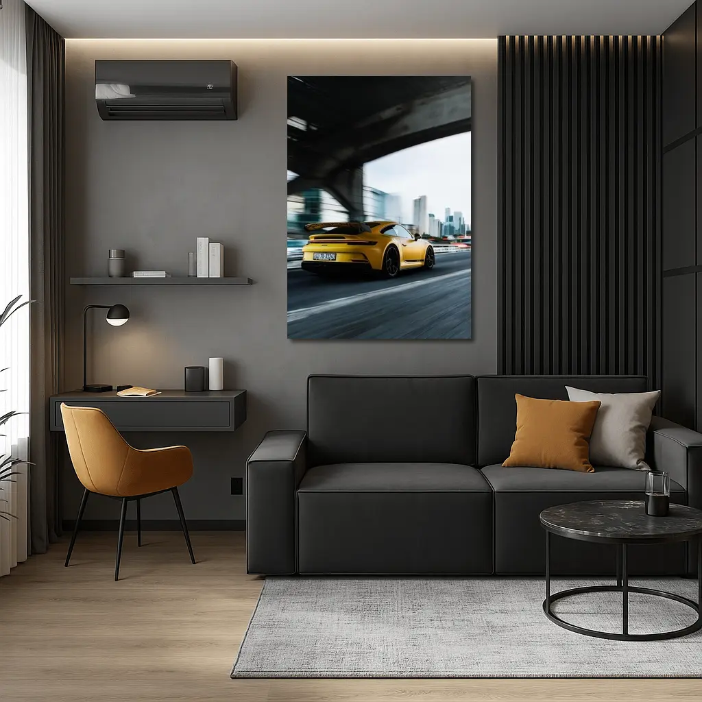 Yellow Porsche GT3 Racing Through City – Wall Art
