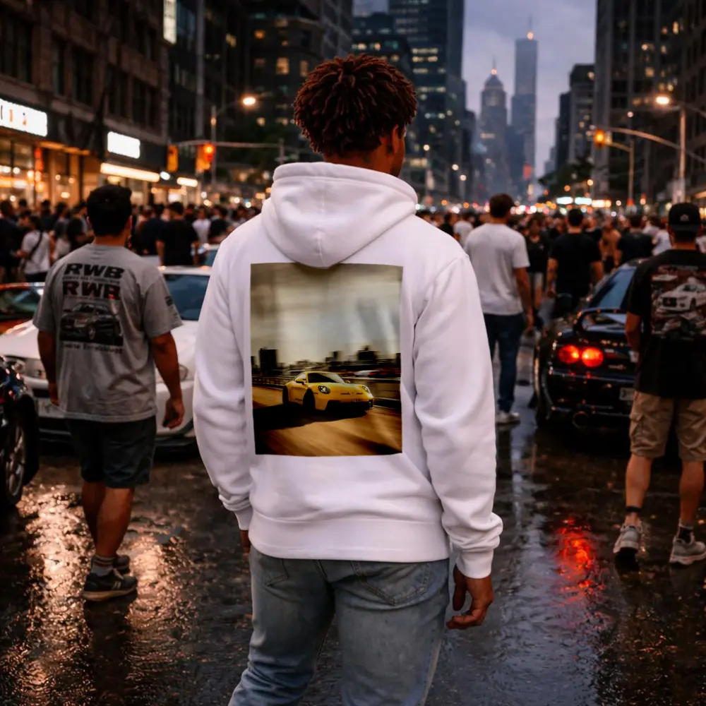 Yellow Porsche 911 GT3 Racing City Streets – Hoodies
