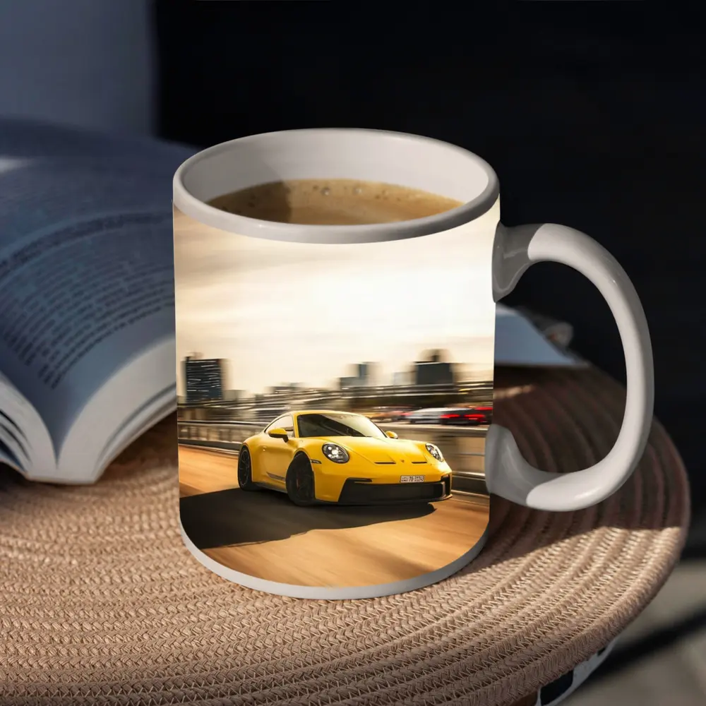 Yellow Porsche 911 GT3 Racing City Streets – Mugs