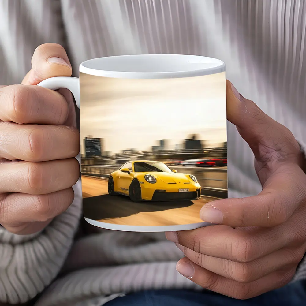 Yellow Porsche 911 GT3 Racing City Streets – Mugs