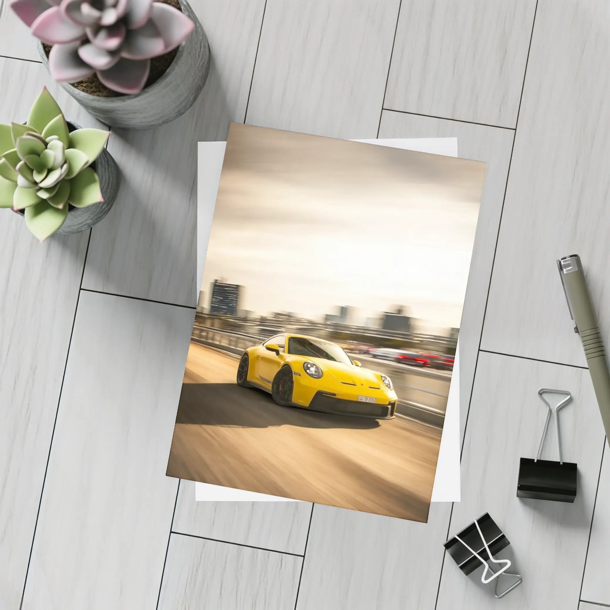 Yellow Porsche 911 GT3 Racing City Streets – Postcards