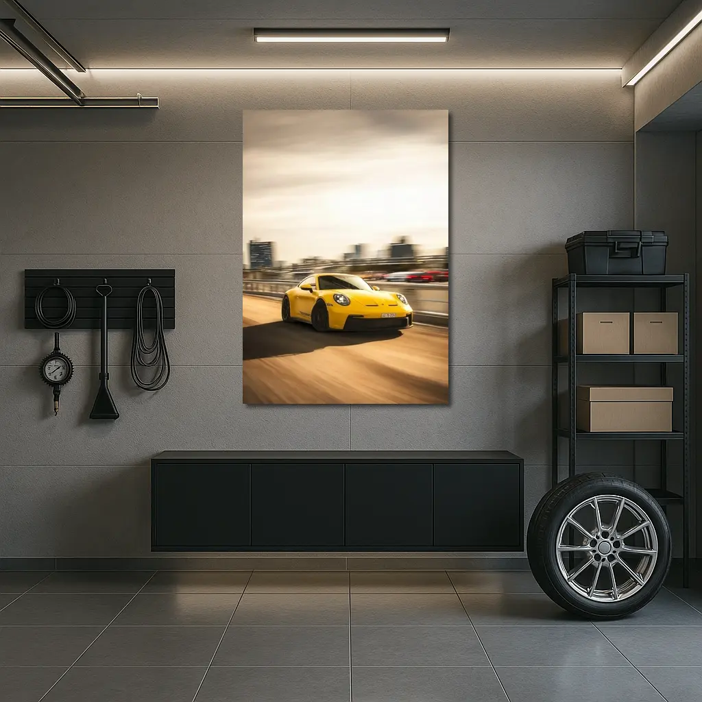 Yellow Porsche 911 GT3 Racing City Streets – Wall Art