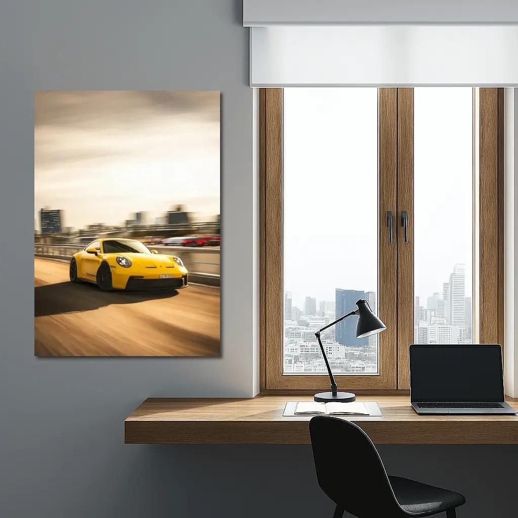 Yellow Porsche 911 GT3 Racing City Streets – Wall Art