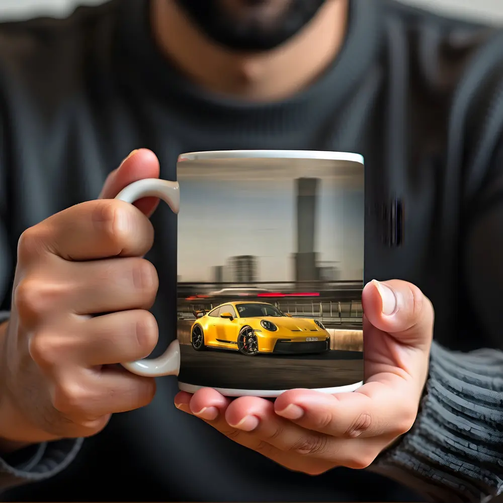 Yellow Porsche GT3 Racing Through City Streets – Mugs